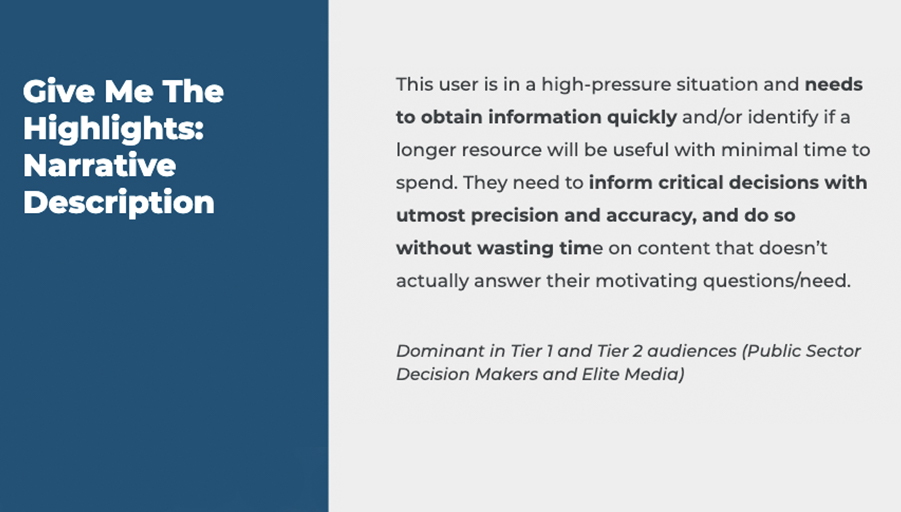 This user has ample latitude for consuming content. They could be casually interested in a topic, may have heard about it on a podcast or read about it in the NYT, or they are simply starting to gain an understanding of an issue with no strict timeline attached. They may eventually want to use this information to influence policy or share more broadly to inform the general public on complex issues in an easily digestible way.