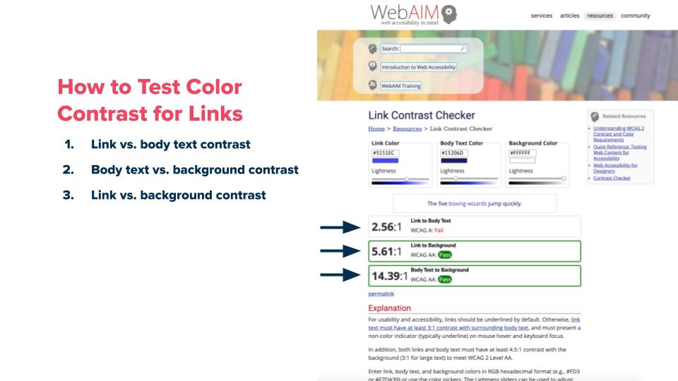A screenshot showing the WebAIM user interface highlighting contrast issues and recommendations.