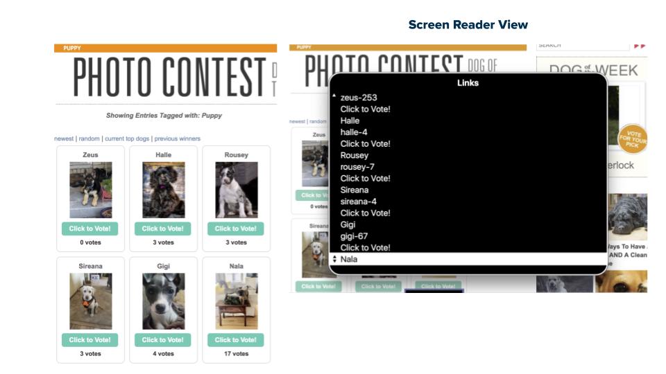 Screenshot: A puppy website with several “Click to Vote” buttons, and a screen reader demonstrting how  the buttons all seem the same.