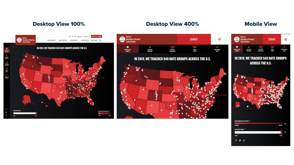 Three screenshots of a map, showing a default desktop view, a 400% zoomed in view, and a mobile device view.