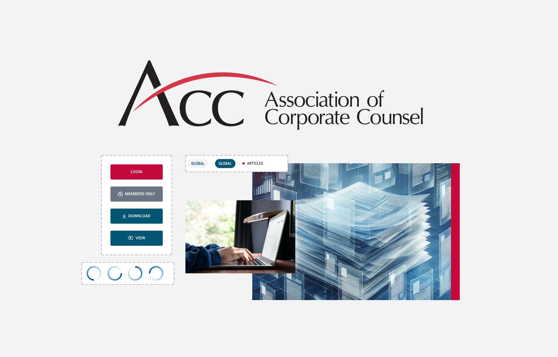 Collage of UI elements related to the Association of Corporate Counsel featuring a logo, search interface, member login, and images of a person working on a laptop and documents.