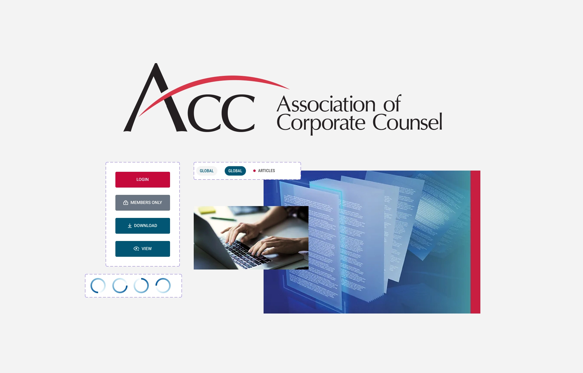 Collage of UI elements related to the Association of Corporate Counsel featuring a logo, search interface, member login, and images of a person working on a laptop and documents.
