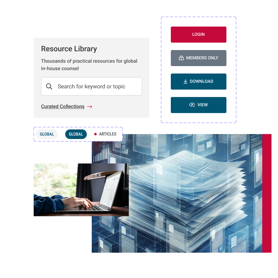 Web interface of a resource library with a search bar, login and members-only options, and images of a person using a laptop and multiple overlapping documents.