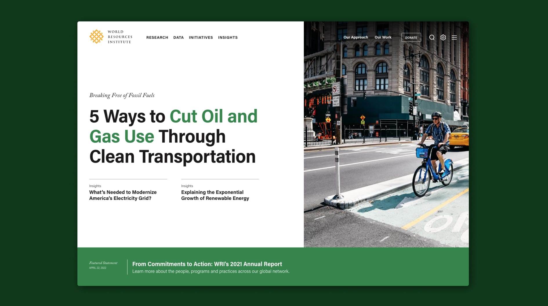 Screen of a desktop version of WRI's site with a headline that says :5 Ways to Cut Oil and Gas Use through clean transportation"