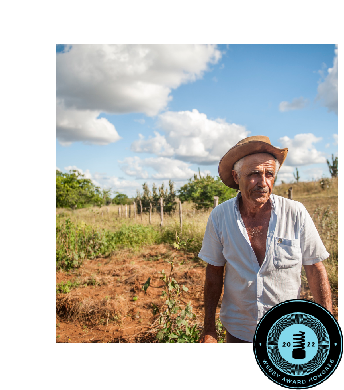 Man in a brimmed hat and partly open white button down shirt standing in a field of cacti. The sky above him is bright blue with white clouds.