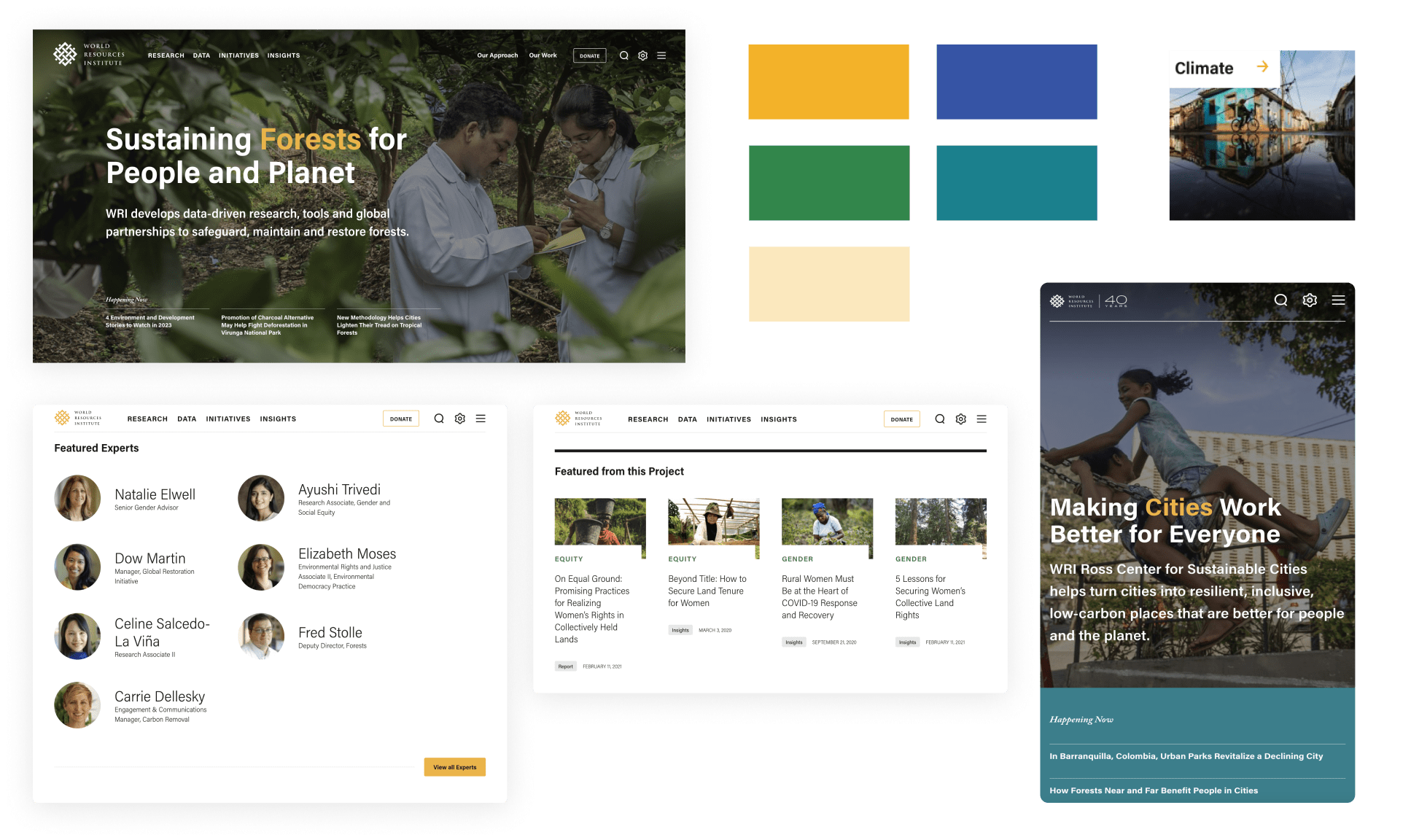 Collage of elements from WRI's site, screens from desktop, mobile, color swatches of WRI's yellow, green, cream, and blues