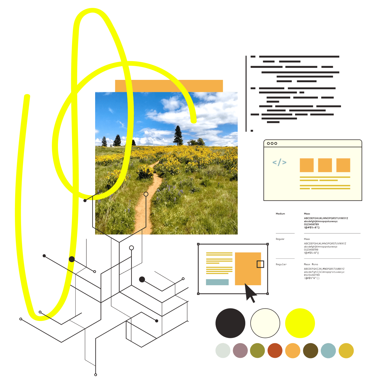 Mixed collage including color swatches of red, orange, blue, green, cream, and purple, large typographic A, lines representing code in software development, a bright yellow highlighter line denoting the solutionizing process a photo looking up a winding trail lined with yellow wildflowers in the Pacific Northwest.