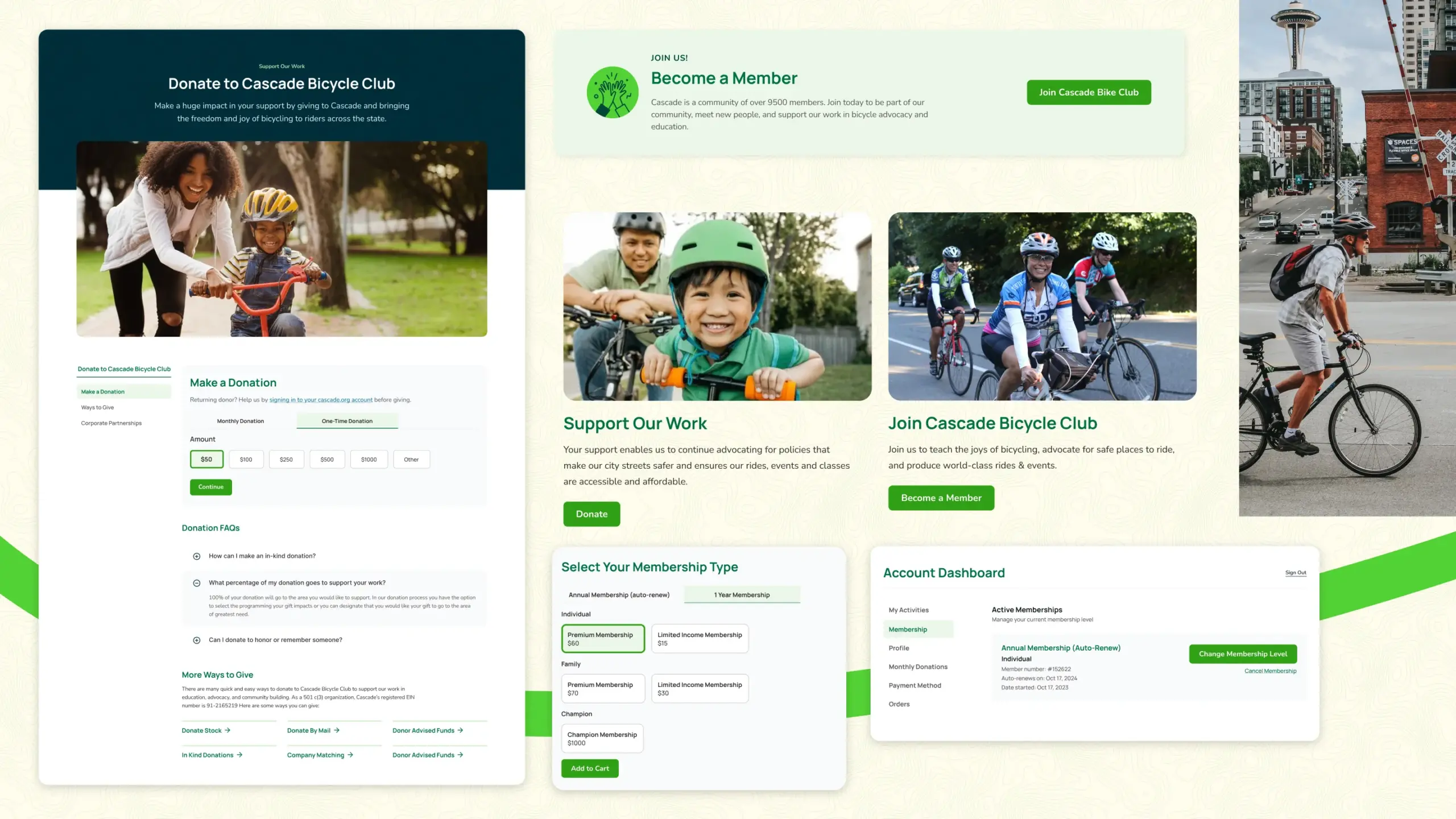 Collage of screens from Cascade Bicycle Club. Select screens show a dialog box to select a memebership type, a account dashboard screen showing membership status, and a monthly donation or one-time donation form.