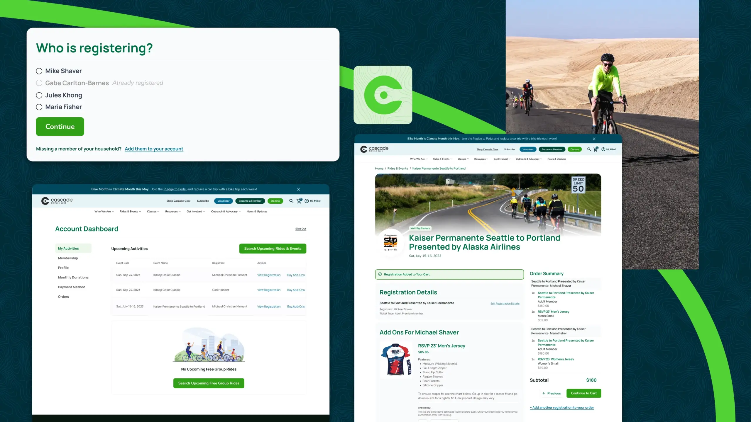 Collage of screens from the event registration process on Cascade Bicycle Club. Screens include a dialog box asking who is registering, and the completed registration screen depicting event add-on e-commerce.