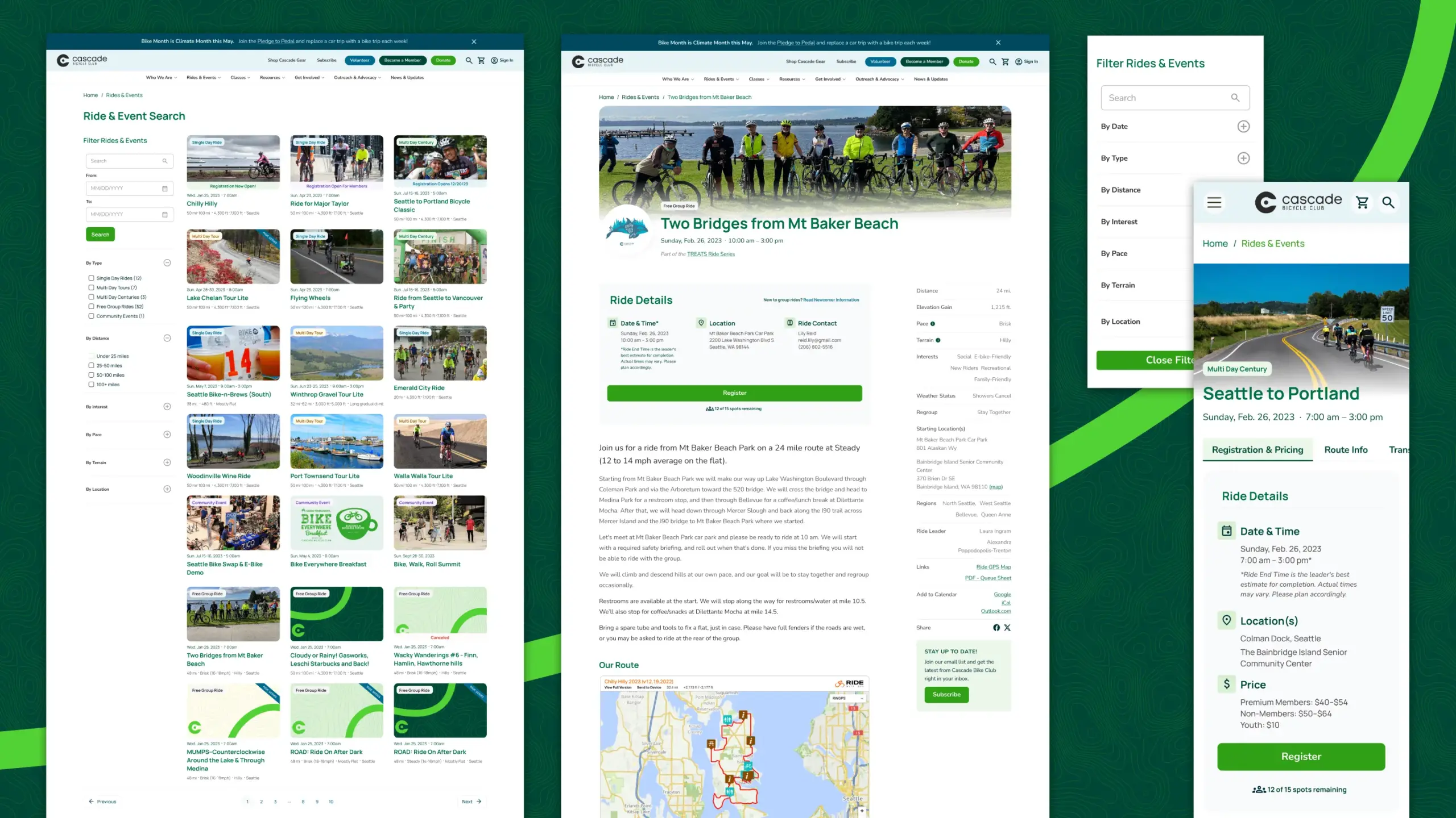 Collage screen of finding a ride on Cascade Bicycle Club. Screens include the grid of ride cards showing all types of rides along with a ride detail page that shows information about the date, time and cost of the ride.