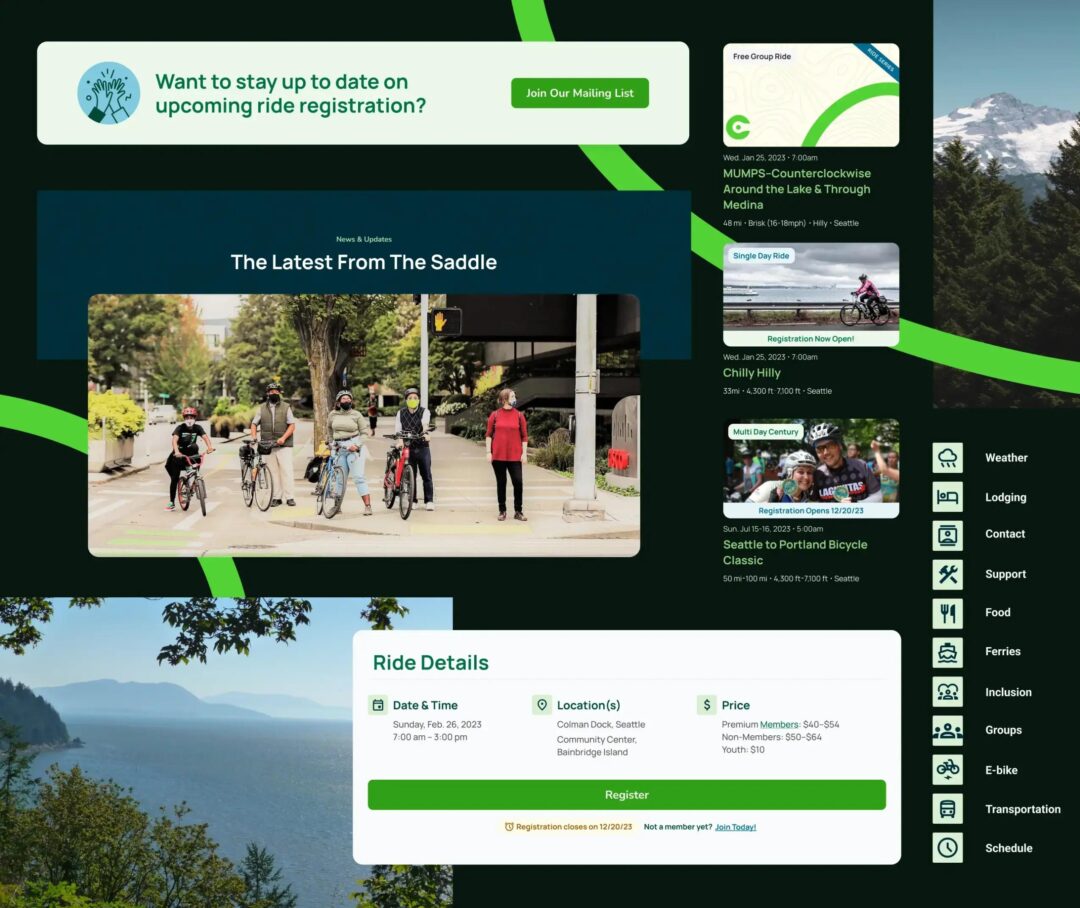 UI collage of images from the Cascade Bicycle Club site. Includes photographs of PNW landscapes, mountain tops and photos of folks on bicycles.