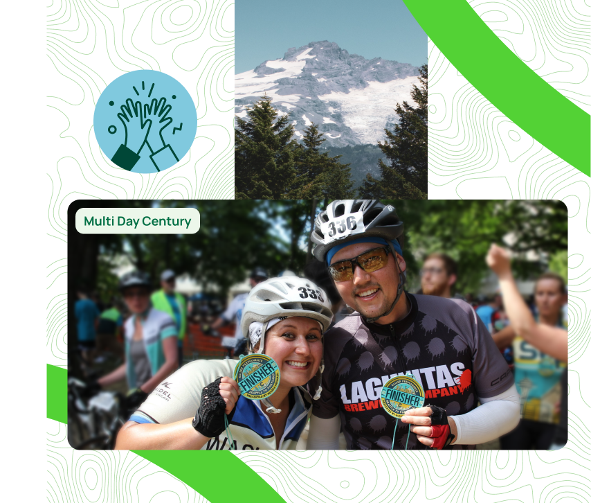 A collage like image with a topographic pattern in the background overlaid by a photo of two bicyclists holding finishing medals from the Seattle to Portland century ride