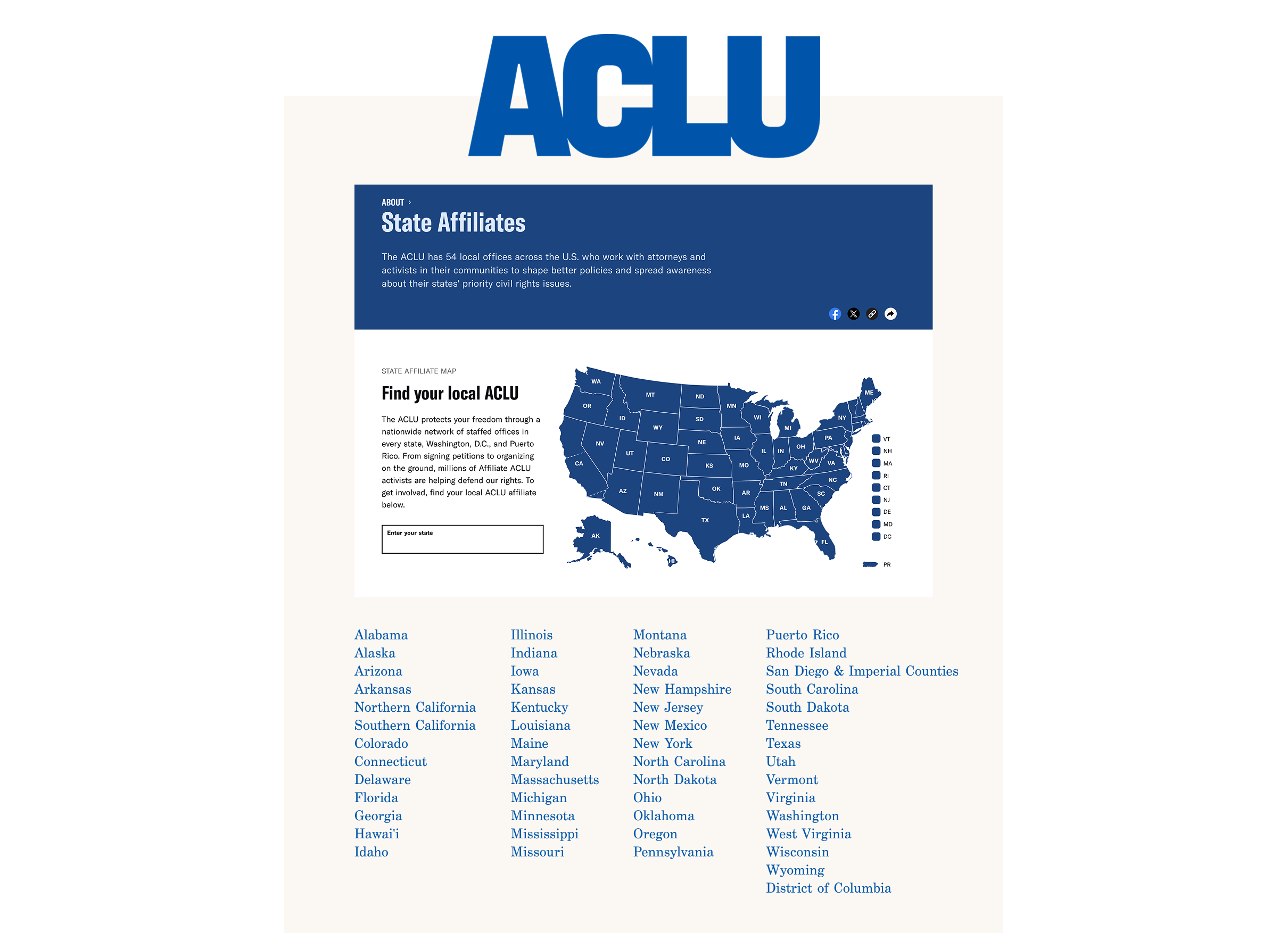 ACLU State Affiliates page showing a large blue ACLU logo at the top, a blue banner titled ‘State Affiliates’ with a description, and a map of the United States highlighting all states, Washington D.C., and Puerto Rico. Below the map is a list of state names linked to their local ACLU affiliate pages.
