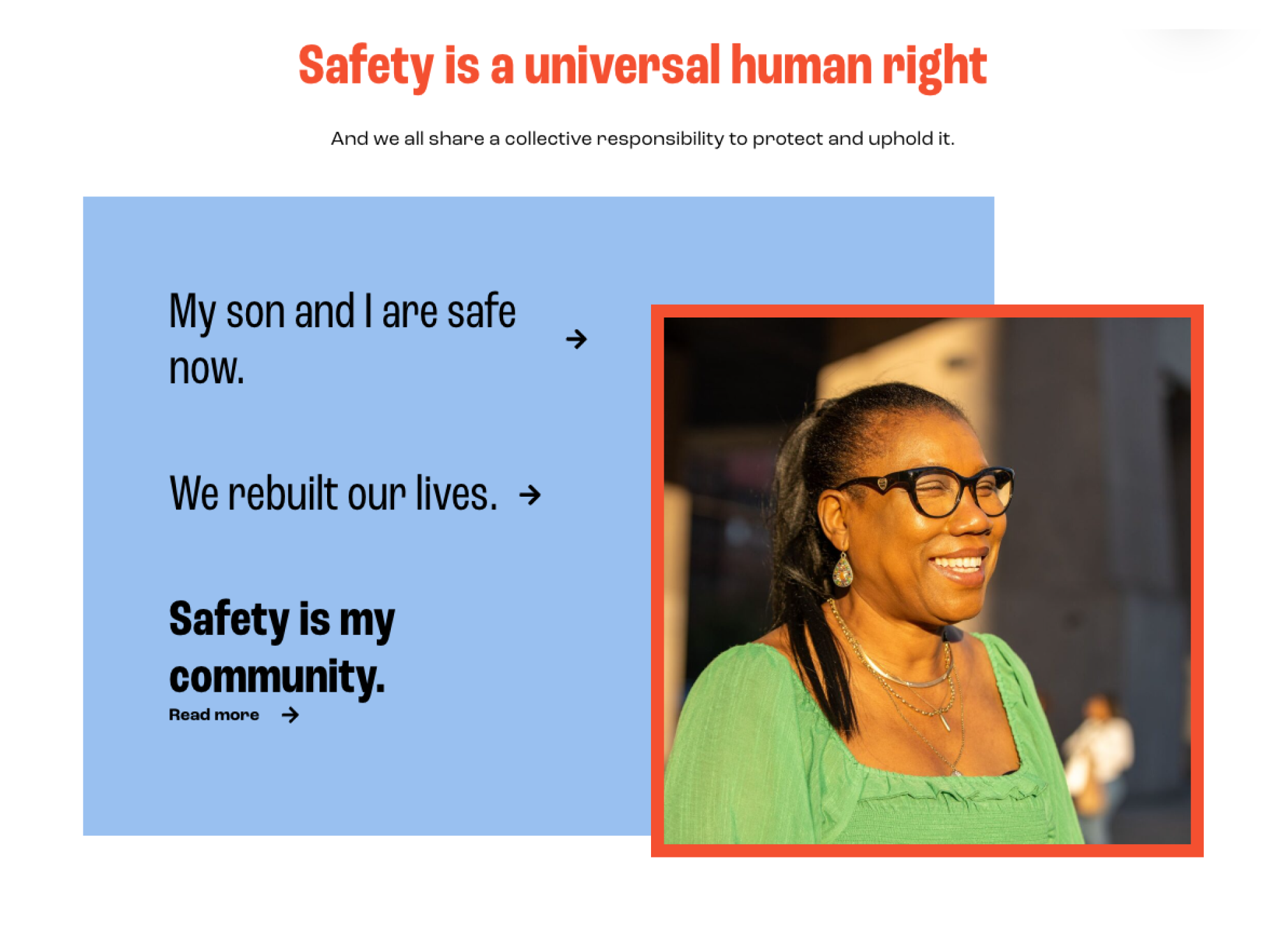 A webpage with the title "Safety is a universal human right." It shows a light blue box with quotes like "My son and I are safe now" next to an orange-framed photo of a smiling person.