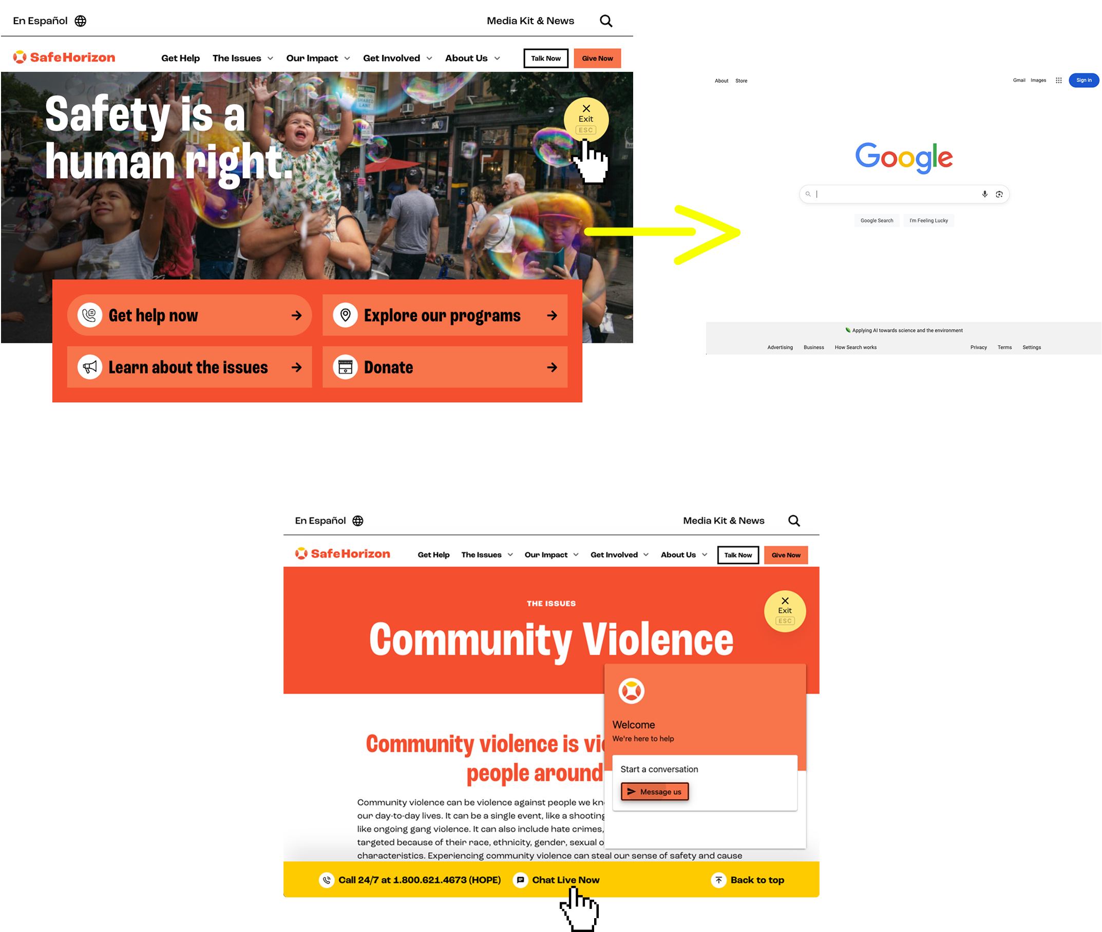 A two-part image showing a website. The top part shows a homepage with call-to-action buttons like "Get help now," with an arrow pointing to a Google search page. The bottom part shows a page about "Community Violence" with a chat pop-up.