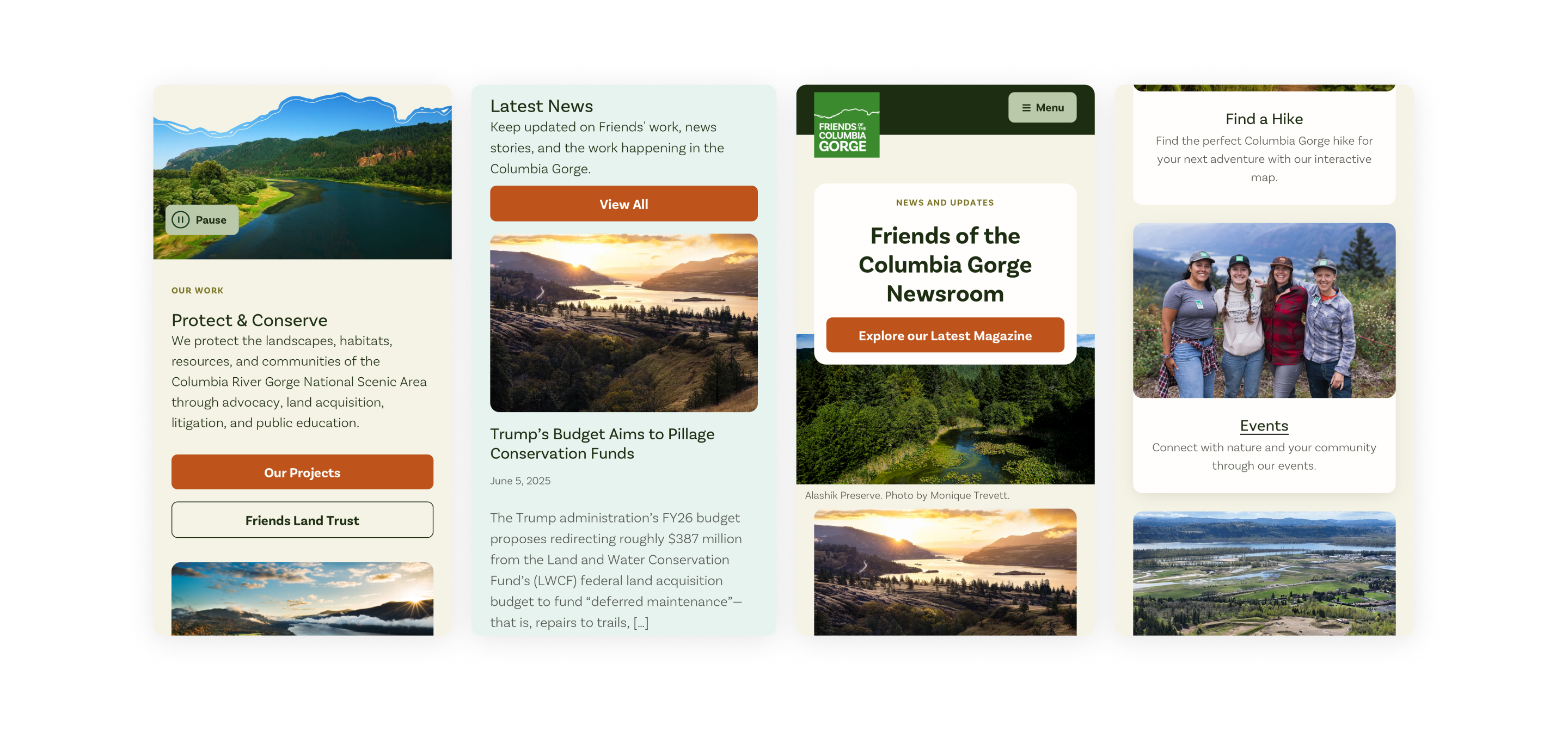 A set of four mobile website layouts for "Friends of the Columbia Gorge." The layouts show sections for conservation work, latest news, the organization's newsroom, and a hike finder/events page.