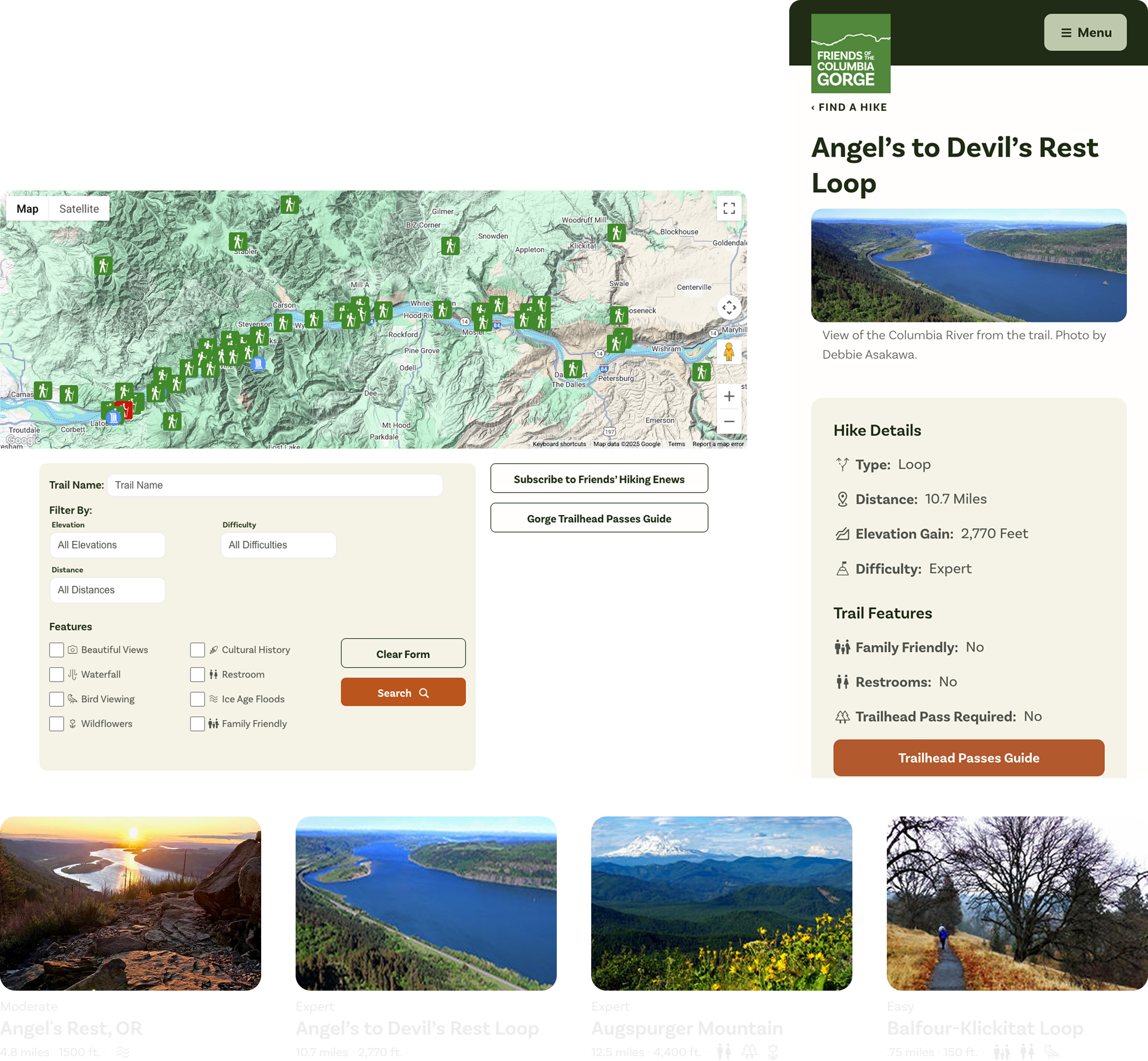 A screenshot of the Friends of the Columbia Gorge website for hiking trails. The page features a map of the Gorge, trail filters, details for the "Angel's to Devil's Rest Loop" trail, and preview cards for several other trails.