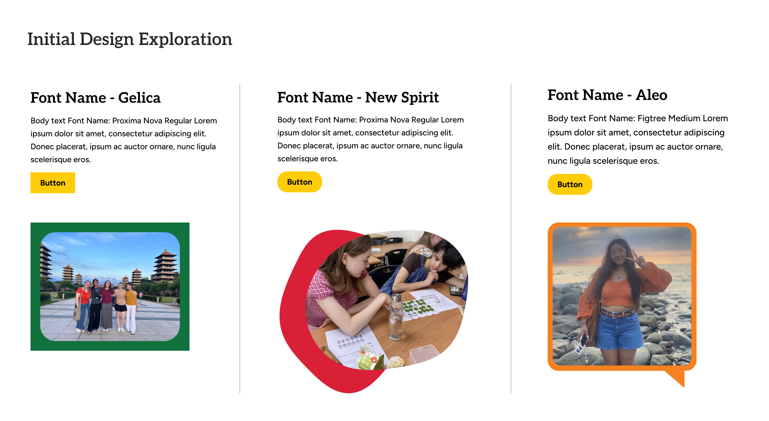  a section titled "Initial Design Exploration" displays three different layout concepts, each with placeholder text, a button, and a photograph of students in various settings.