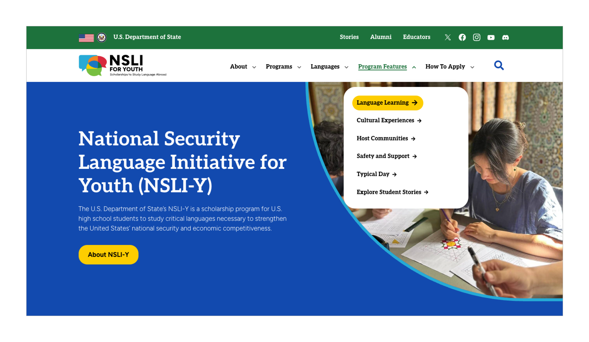 A screenshot of the National Security Language Initiative for Youth (NSLI-Y) website. The homepage features a title card on a blue background that says "National Security Language Initiative for Youth (NSLI-Y)" and a brief description. To the right is a photograph of a student participating in a program, and a list of program features, including language learning, cultural experiences, and host communities.