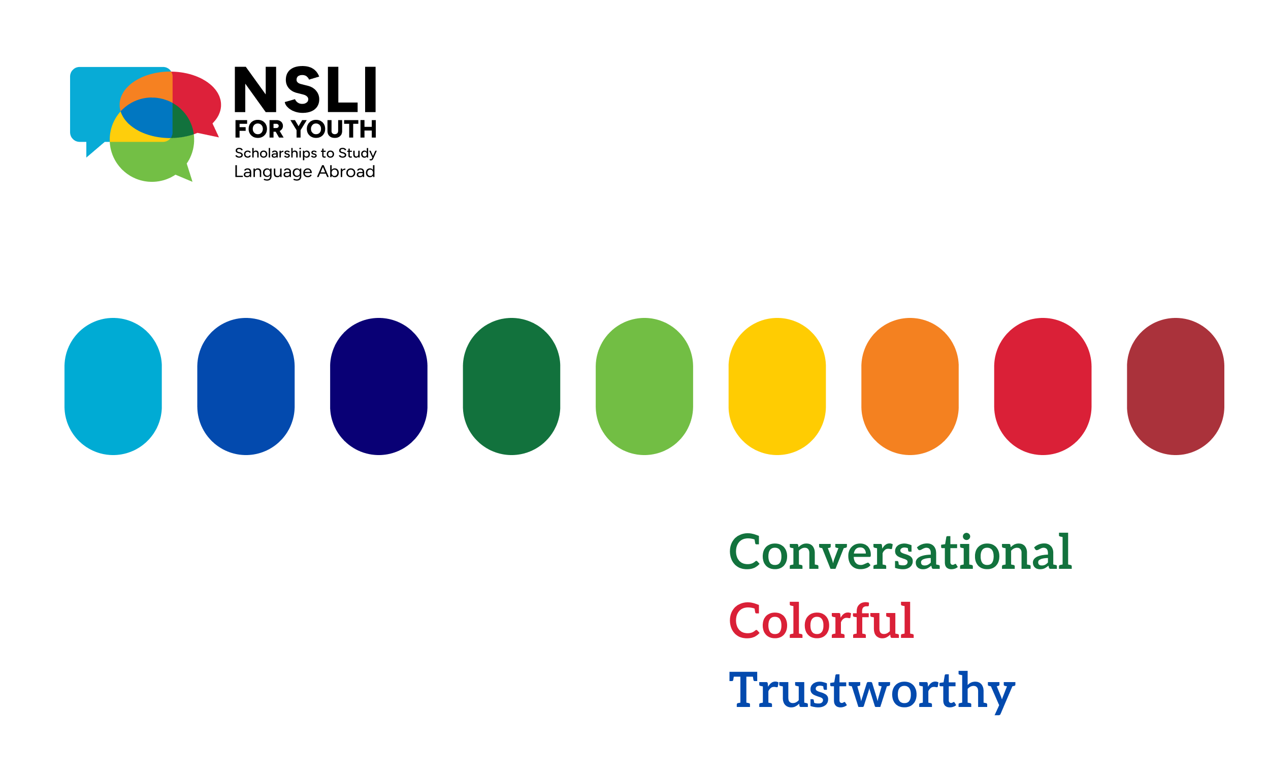 A webpage design concept for NSLI-Y. The top section showcases a color palette of ten circles in shades of blue, green, yellow, orange, and red, with keywords "Conversational," "Colorful," and "Trustworthy." 