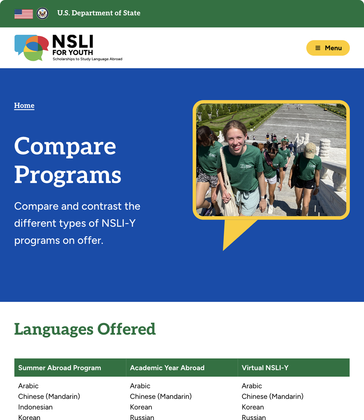A screenshot of the "Compare Programs" page of the NSLI-Y website. The top section, on a blue background, features the NSLI-Y logo, the text "Compare Programs," and a photograph of several students smiling outdoors. Below this section, a table titled "Languages Offered" lists the languages available for the "Summer Abroad Program," "Academic Year Abroad," and "Virtual NSLI-Y" programs.