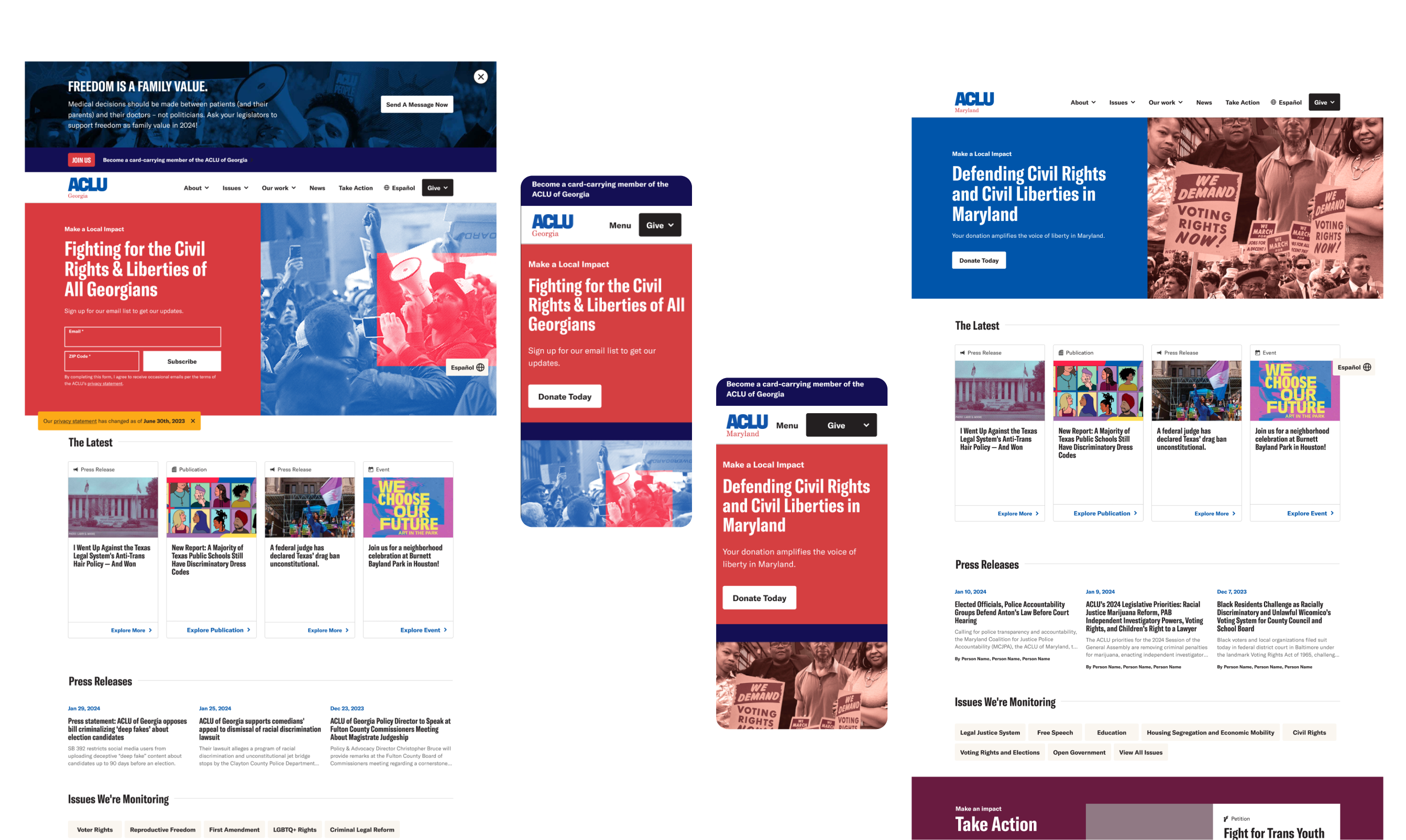 
A collage showing three different website layouts for the ACLU. The left layout is a wide desktop view featuring "Fighting for the Civil Rights & Liberties of All Georgians." The middle layout is a narrow mobile view, with stacked content. The right layout is a different desktop view for "Defending Civil Rights and Civil Liberties in Maryland." All three layouts include sections for news, press releases, and campaign information.