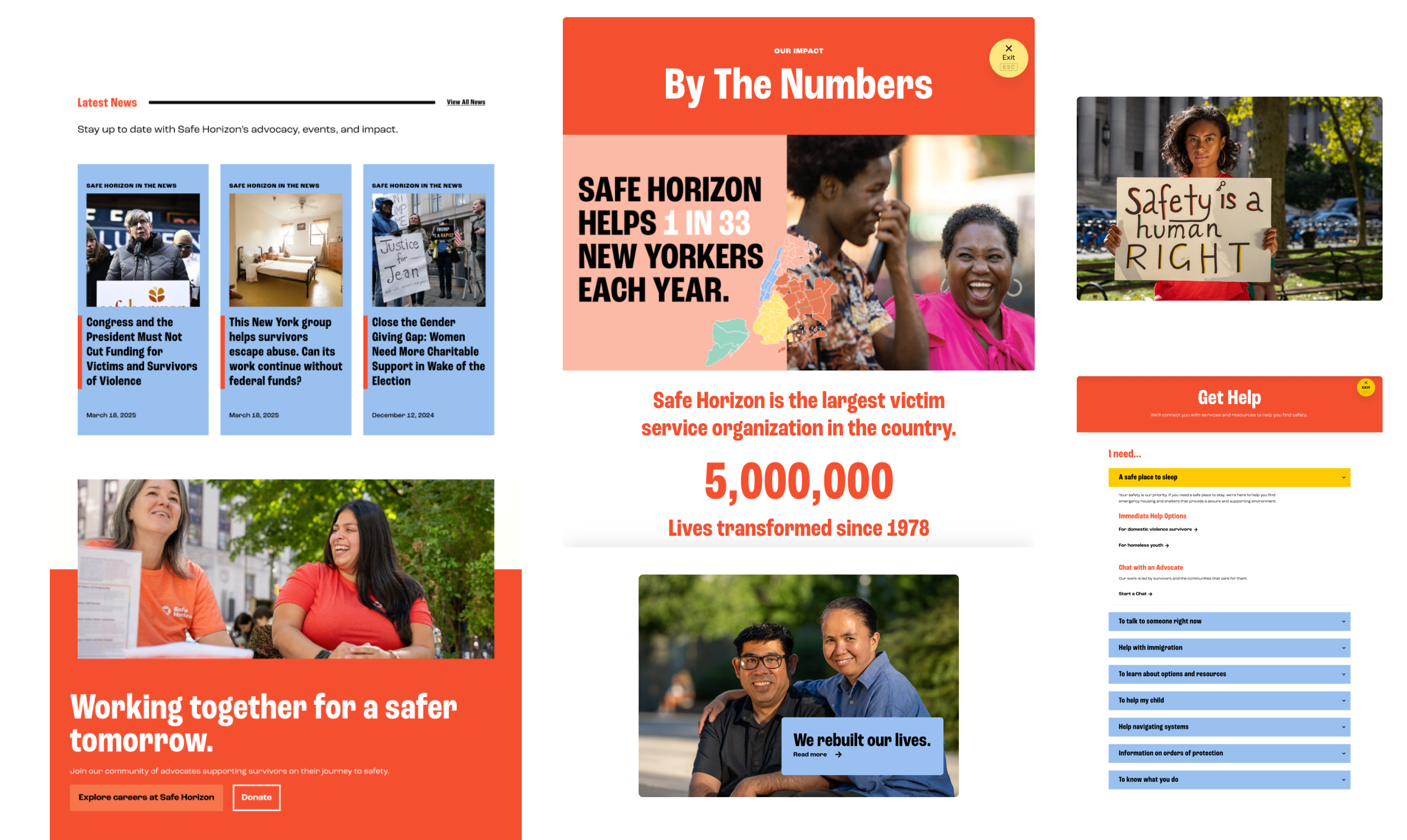 A collage of website content. It includes news headlines, a photo with the text "Working together for a safer tomorrow," a "By The Numbers" section with statistics, a photo of a person holding a "Safety is a human RIGHT" sign, a "Get Help" section, and a photo of two people with the text "We rebuilt our lives."