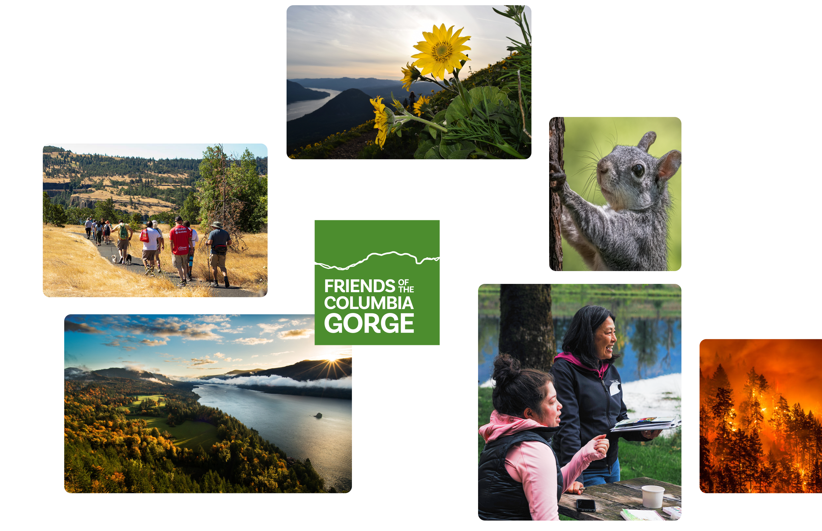 A collage of images related to the Columbia River Gorge, including a logo for 