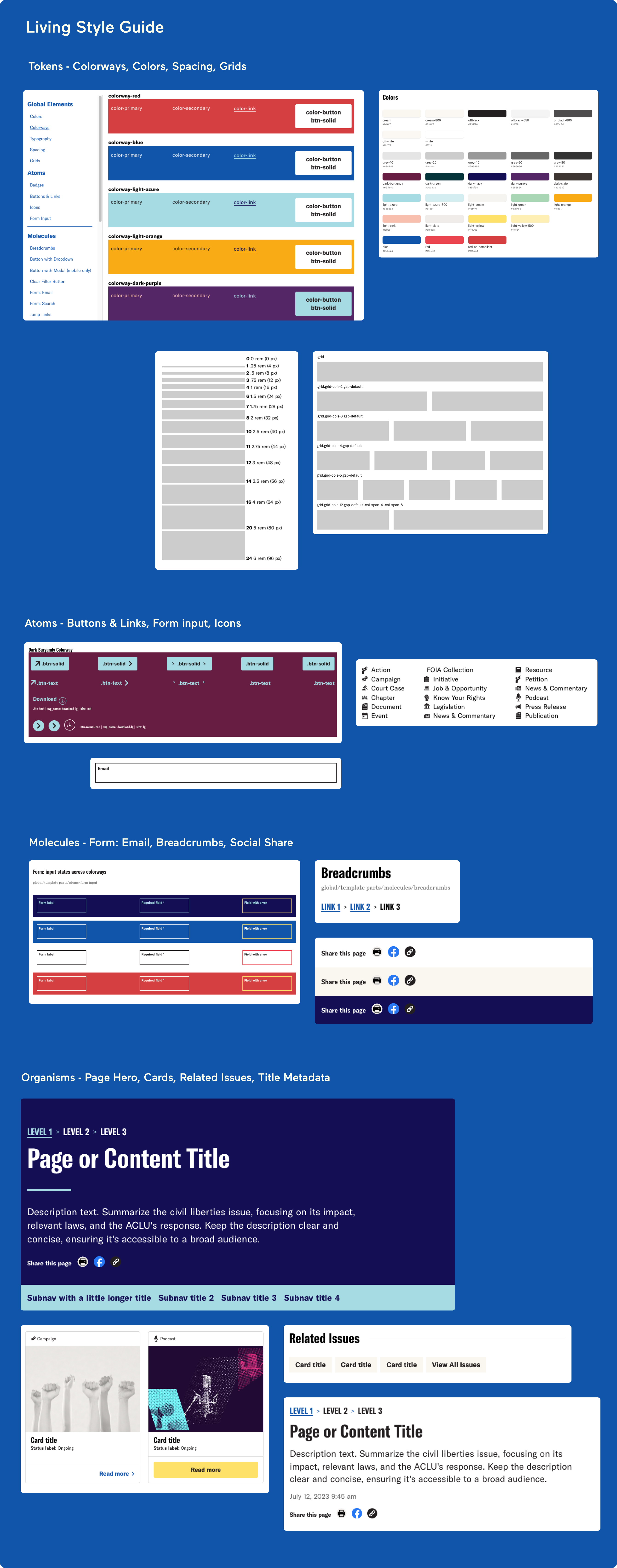 A detailed screenshot of a "Living Style Guide" website page, which showcases a design system based on Atomic Design principles. The document is divided into sections, beginning with "Tokens," which displays color palettes, button styles, and grid layouts. The "Atoms" section shows fundamental components like buttons, input fields, and icons. The "Molecules" section combines these into larger components like breadcrumbs and social media links. The final "Organisms" section presents complex interface blocks, including page titles, content cards, and a related issues list.

