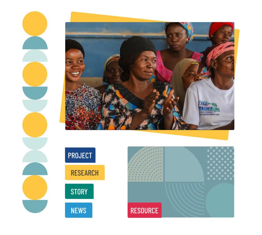 A collage of EGPAF digital assets, patterns, and an image of people sitting. Colors are blues, greens, and a mustard yellow.