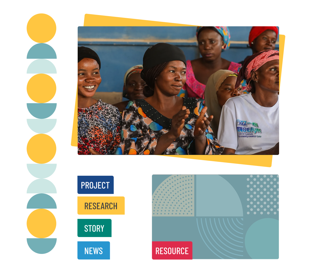 A collage of EGPAF digital assets, patterns, and an image of people sitting. Colors are blues, greens, and a mustard yellow.