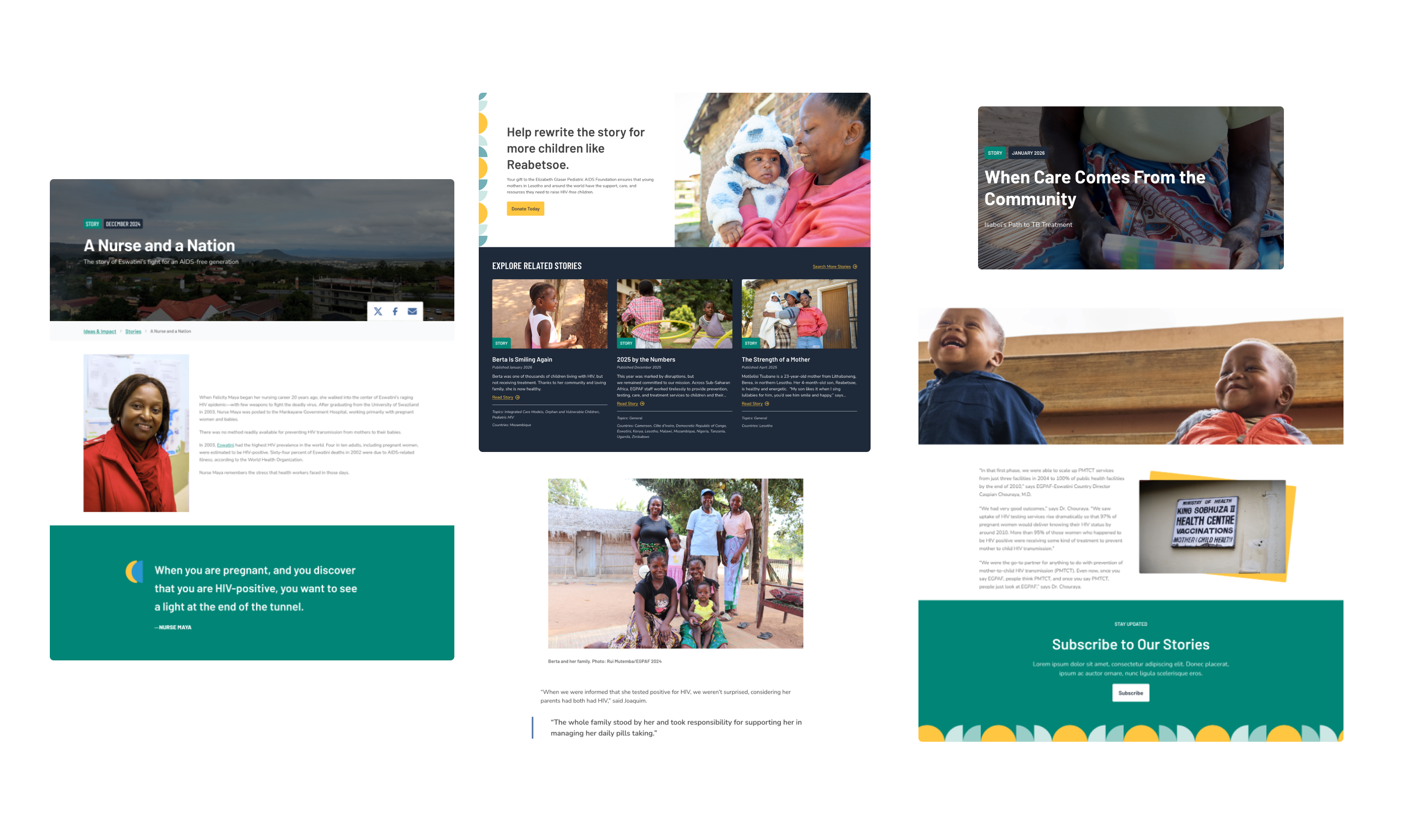 This collage features various website modules highlighting personal impact stories, including a profile of a nurse and a community health initiative involving medication management. It includes a large teal quote block about the hope found after an HIV diagnosis and a photo of a large, supportive family. A call-to-action encourages donations to help children, framed by vibrant geometric patterns.