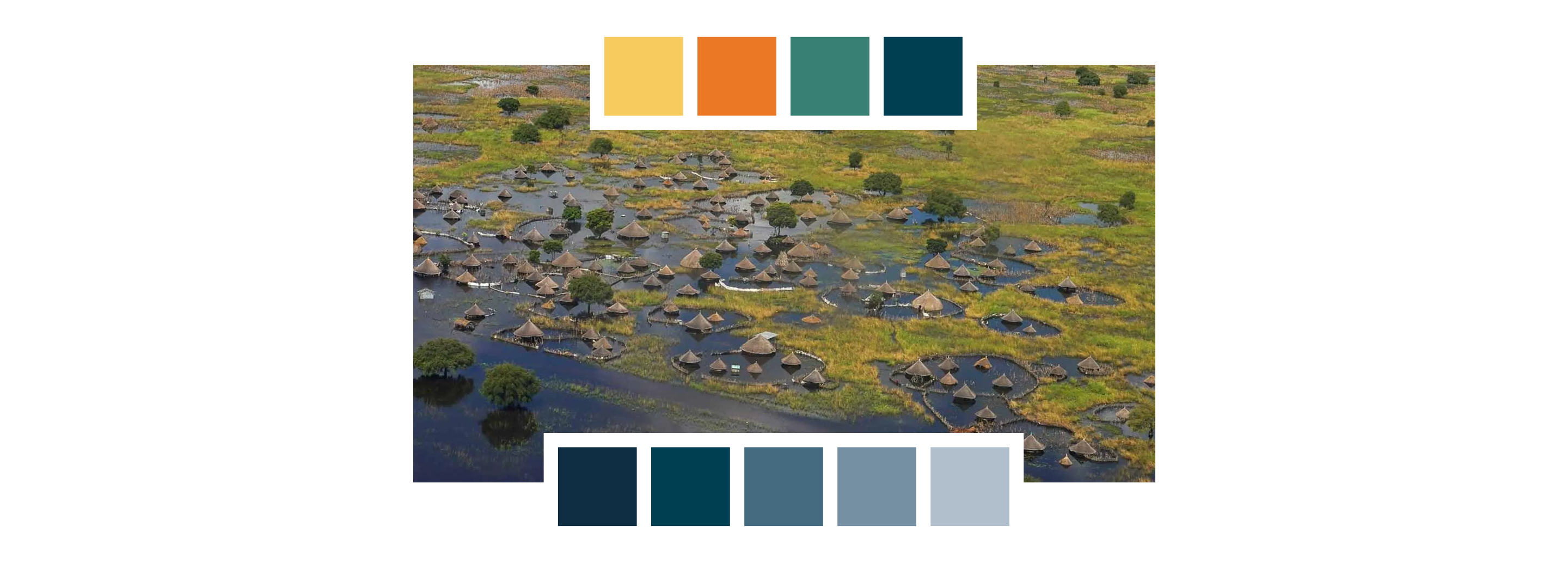 An aerial photograph of a village with traditional thatched-roof huts surrounded by floodwaters and lush green wetlands. The image is overlaid with two color palettes: a top row featuring warm yellow, orange, and teal swatches, and a bottom row showing a gradient of deep navy to pale blue-grey tones.