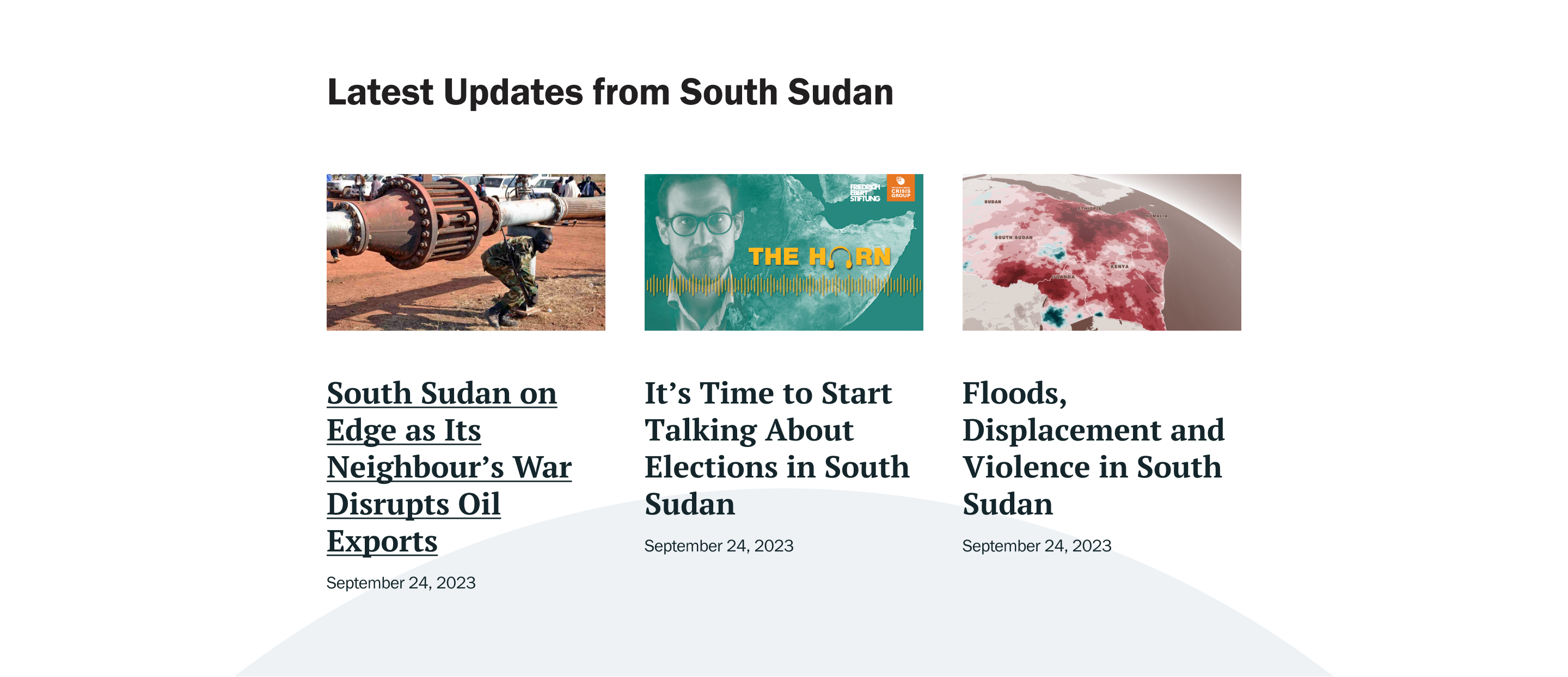 A news section titled "Latest Updates from South Sudan" featuring three articles.