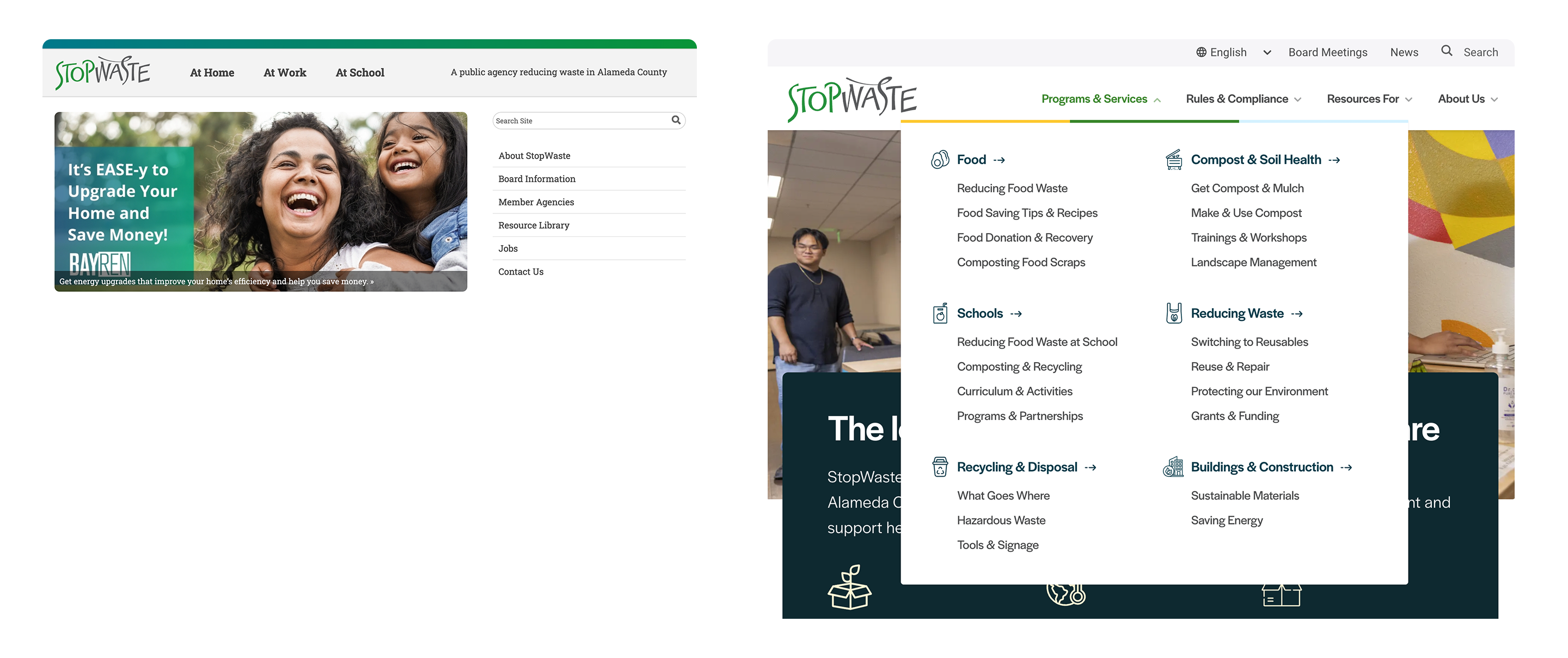 Two screenshots of the StopWaste website, old and new. Left shows the original homepage with a laughing family in the hero banner. The right shows the redesigned navigation and an expanded Programs & Services navigation menu.