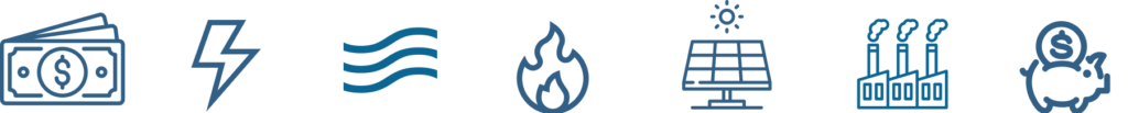 A row of seven blue line icons representing energy and finance concepts: a dollar bill, a lightning bolt, flowing water waves, a flame, a solar panel with a sun, an industrial factory with smokestacks, and a piggy bank with a dollar sign.