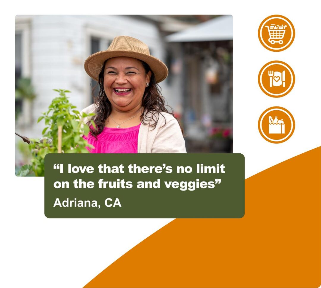 A smiling person in a straw hat and pink top laughs outdoors near green plants, with a quote from Adriana of California reading 