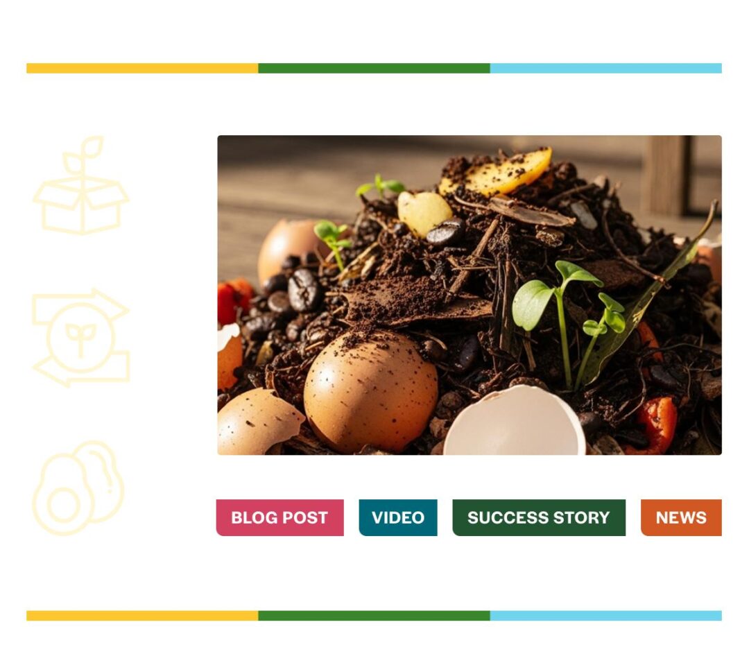 A close-up photo of a compost pile with eggshells, food scraps, soil, and small green seedlings, flanked by three line icons representing a seedling in a box, a circular growing cycle, and an avocado, with four colored content-type labels below: Blog Post, Video, Success Story, and News.