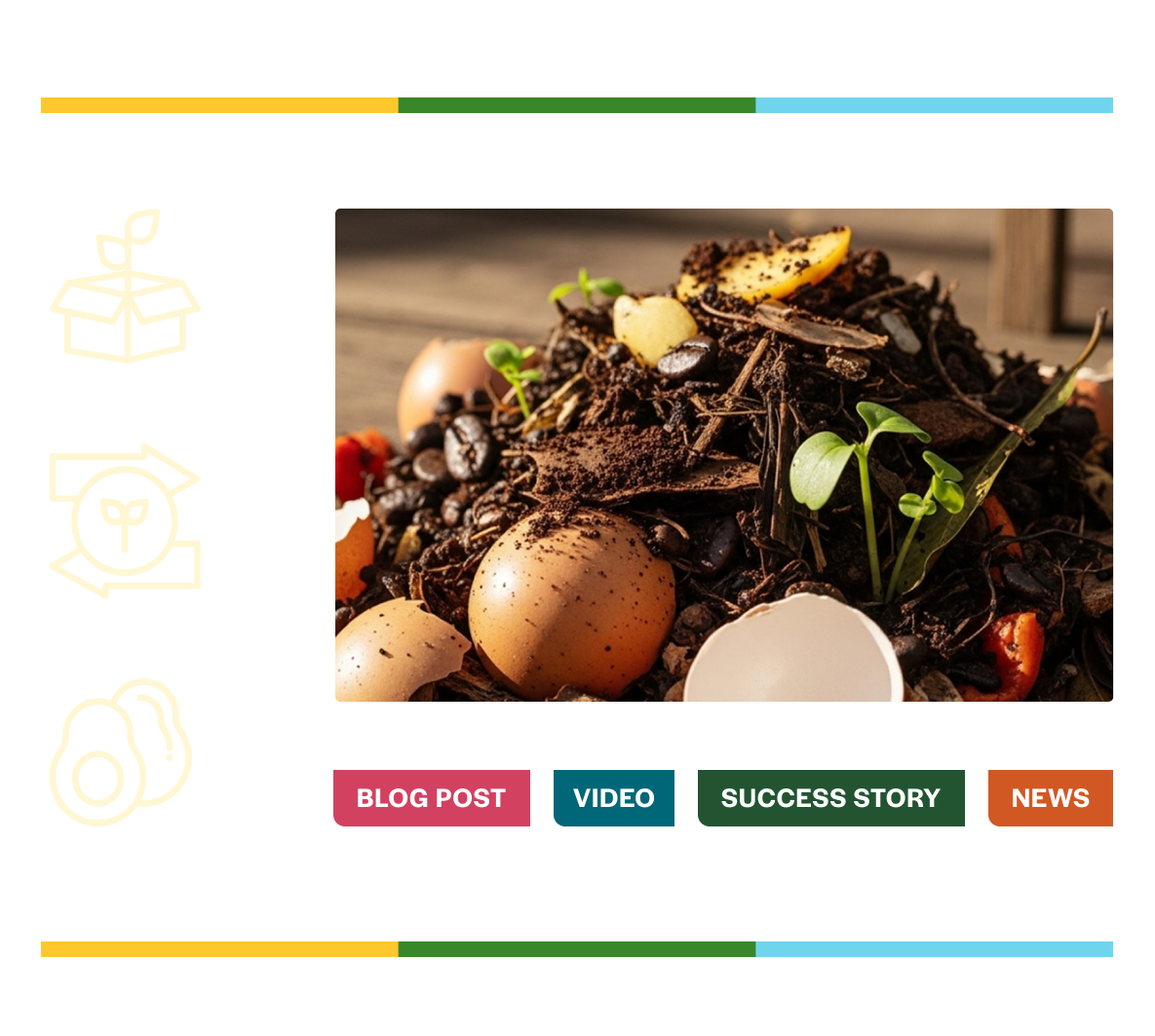 A close-up photo of a compost pile with eggshells, food scraps, soil, and small green seedlings, flanked by three line icons representing a seedling in a box, a circular growing cycle, and an avocado, with four colored content-type labels below: Blog Post, Video, Success Story, and News.