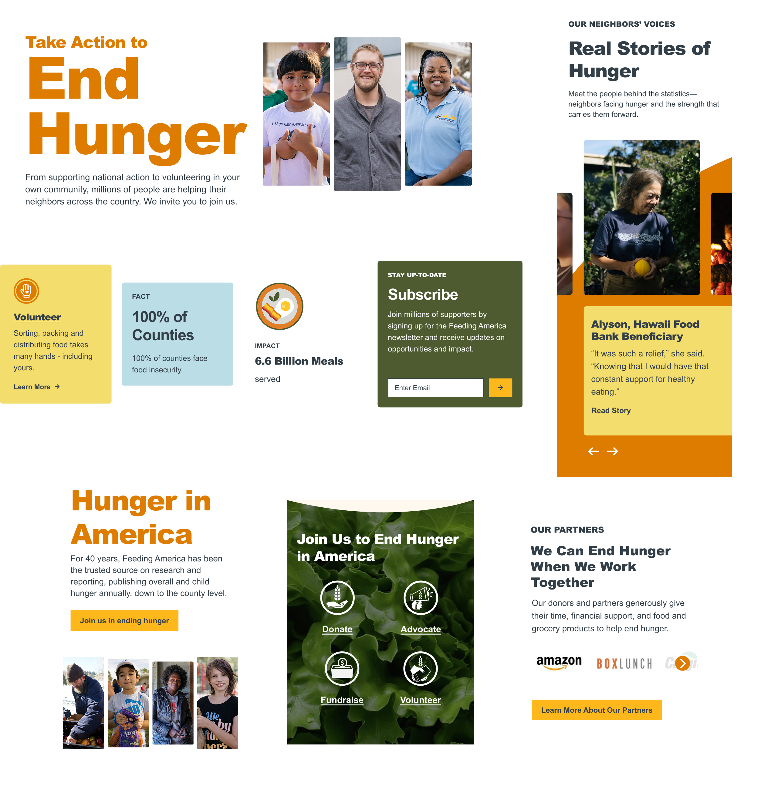 A collage of Feeding America website sections, including a "Take Action to End Hunger" call to action with photos of three community members, impact statistics showing 6.6 billion meals served and food insecurity in 100% of counties, a "Real Stories of Hunger" feature with a photo of Alyson, a Hawaii Food Bank beneficiary, a "Hunger in America" research section with photos of children, a "Join Us to End Hunger" section with icons for donating, advocating, fundraising, and volunteering, and a partners section featuring Amazon and BoxLunch logos.