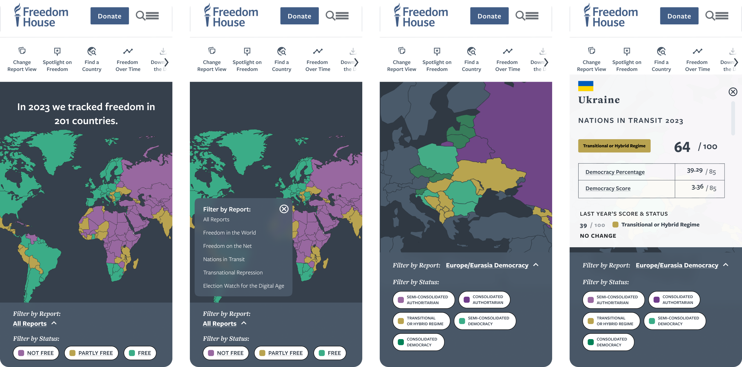 Four mobile screenshots of the Freedom House interactive map, showing a progressive user flow.