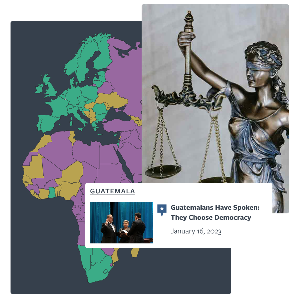 A collaged composition featuring a partial Freedom House world map focused on Europe, Africa, and the Middle East in the background, overlaid with a photograph of a bronze Lady Justice statue holding scales. In the foreground, a 