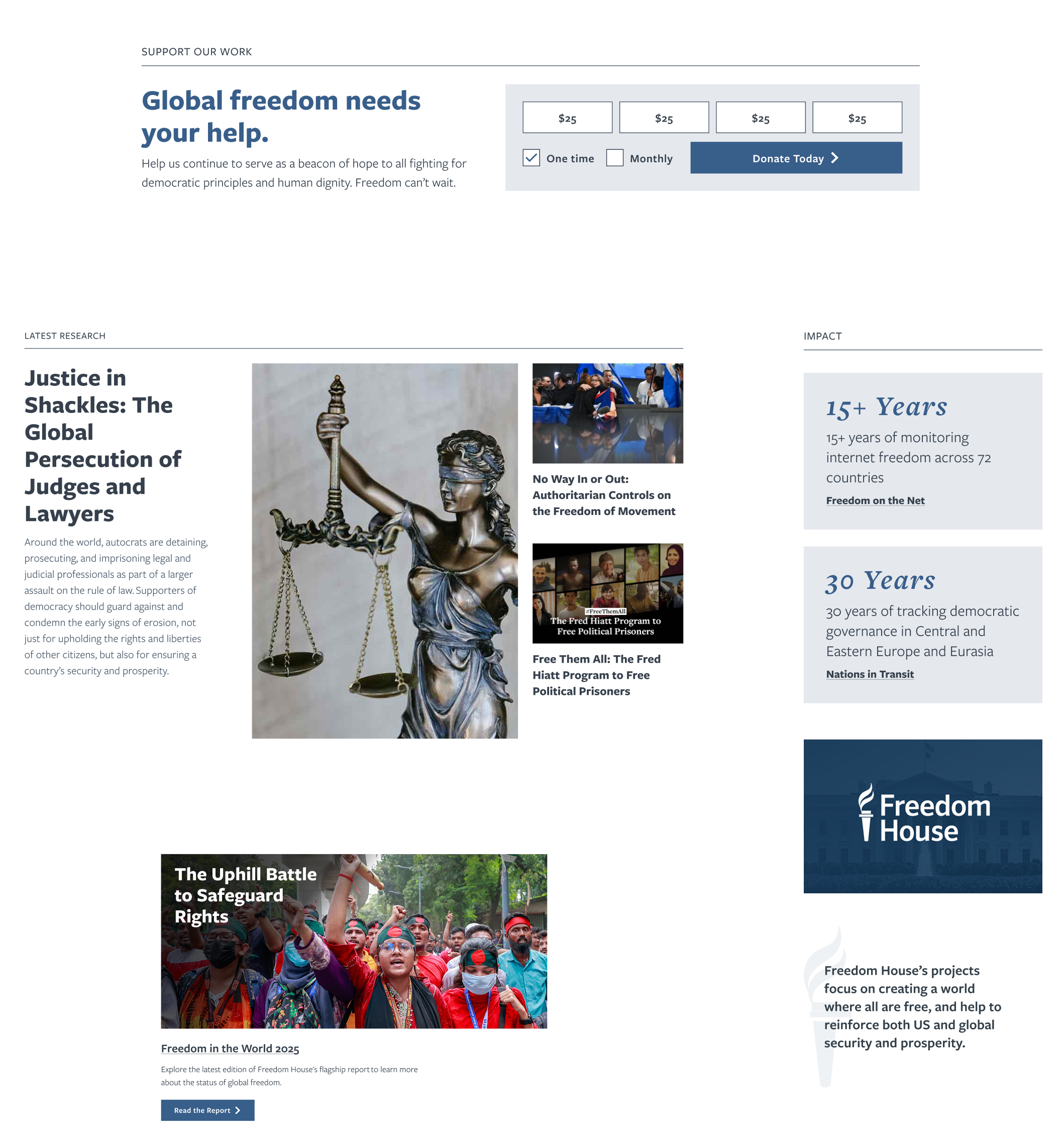 Freedom House homepage section with a donation prompt ("Global freedom needs your help"), a Latest Research section featuring the report "Justice in Shackles: The Global Persecution of Judges and Lawyers" and two smaller articles, and a featured "Freedom in the World 2025" report card. A right sidebar highlights organizational impact stats and a mission quote.