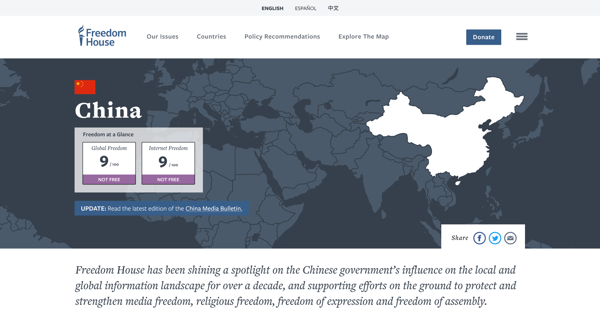 Freedom House country profile page for China. A dark map header highlights China's territory in white against a muted global map.
