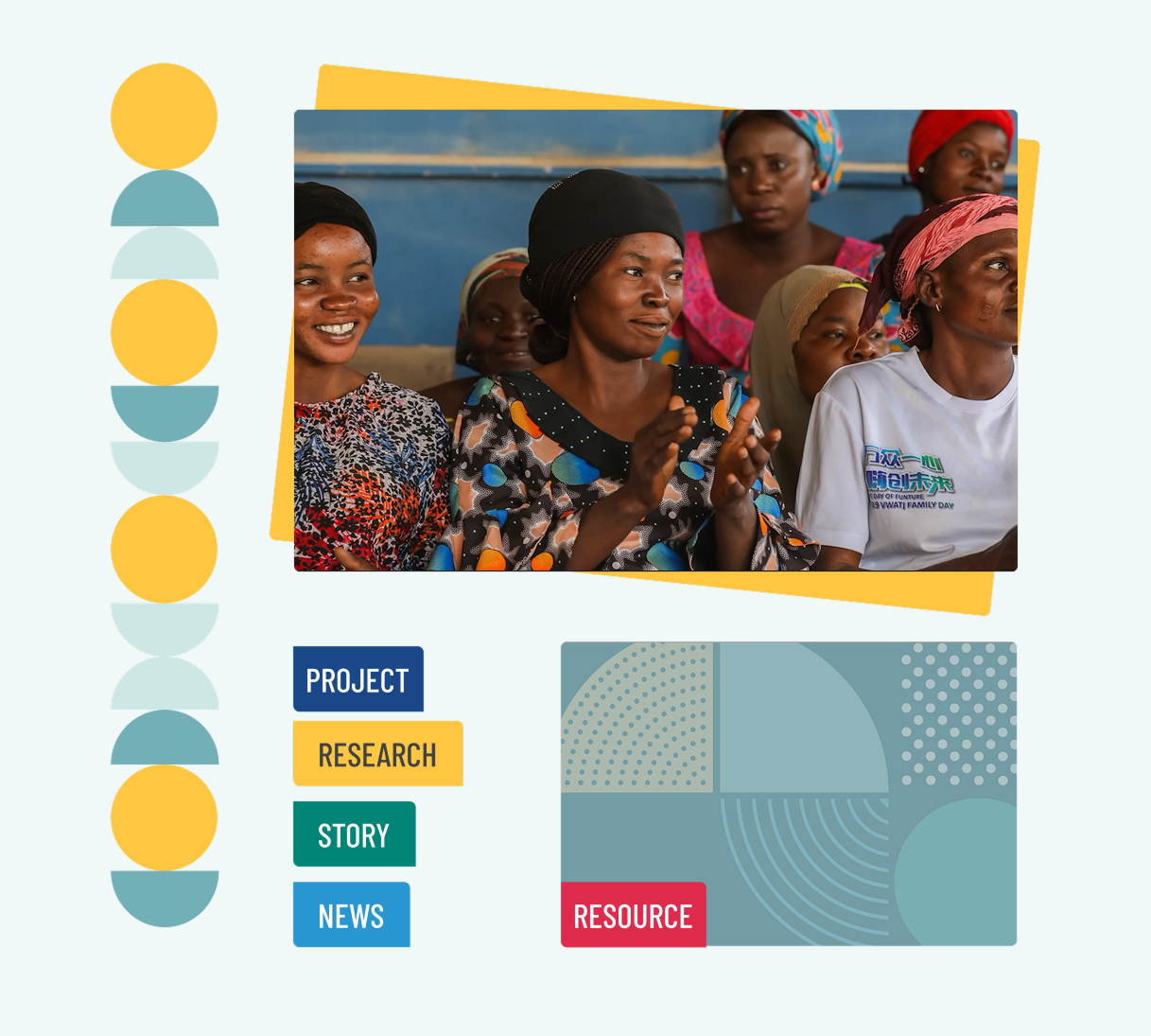 A collage of EGPAF digital assets, patterns, and an image of people sitting. Colors are blues, greens, and a mustard yellow.
