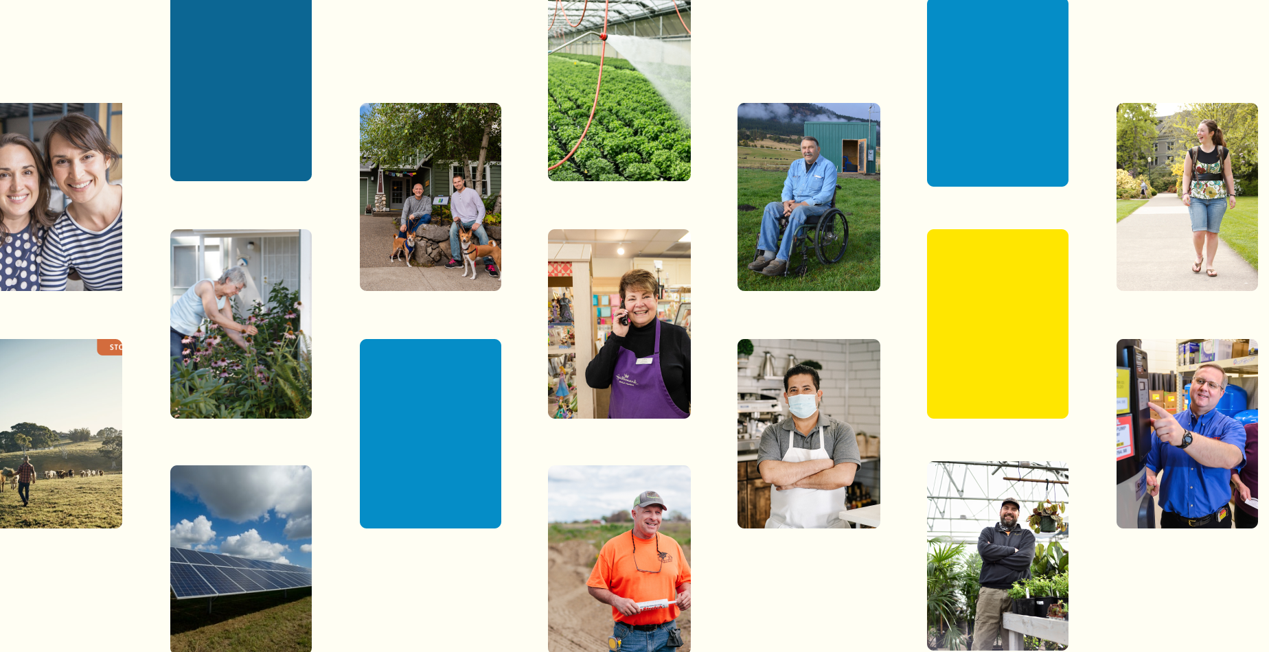 A collage of diverse small business owners, farmers, and community members across rural and agricultural settings. Photos include people working in greenhouses, farms, and local shops, alongside decorative blocks of blue and yellow. Subjects represent a range of ages, backgrounds, and abilities, including a person using a wheelchair.